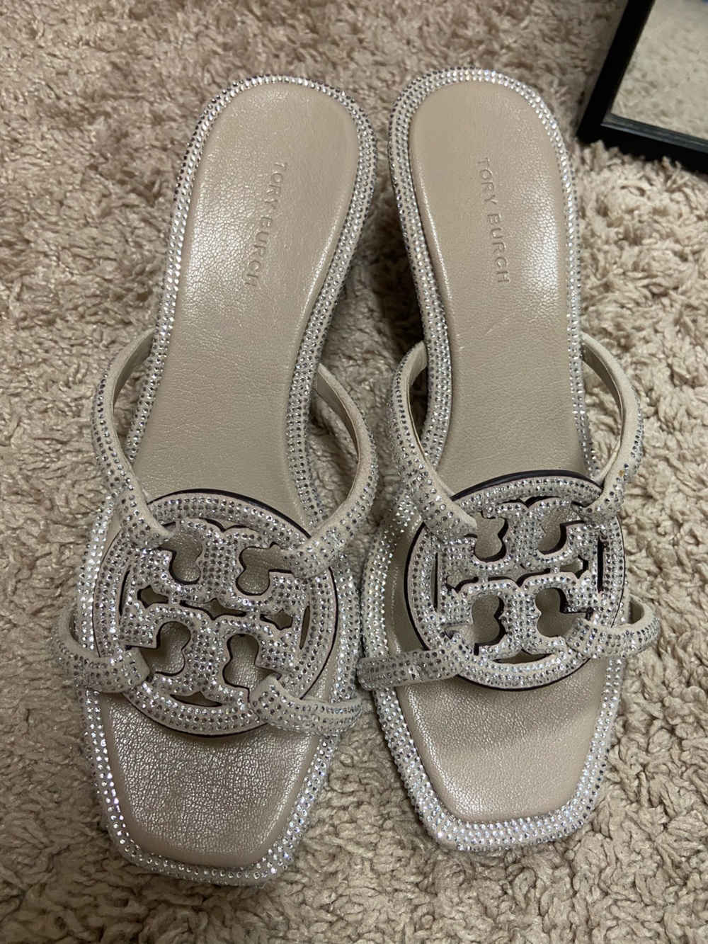 Tory Burch Crystal-Embellished Beige Logo Slide Sandals